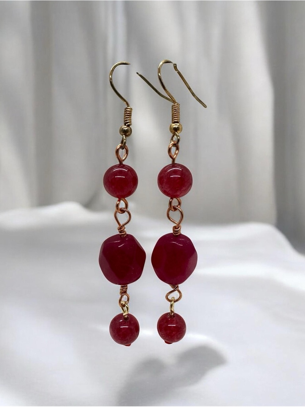Handmade Red Beaded Dangle Earrings Gold Tone Hooks Elegant Jewelry
